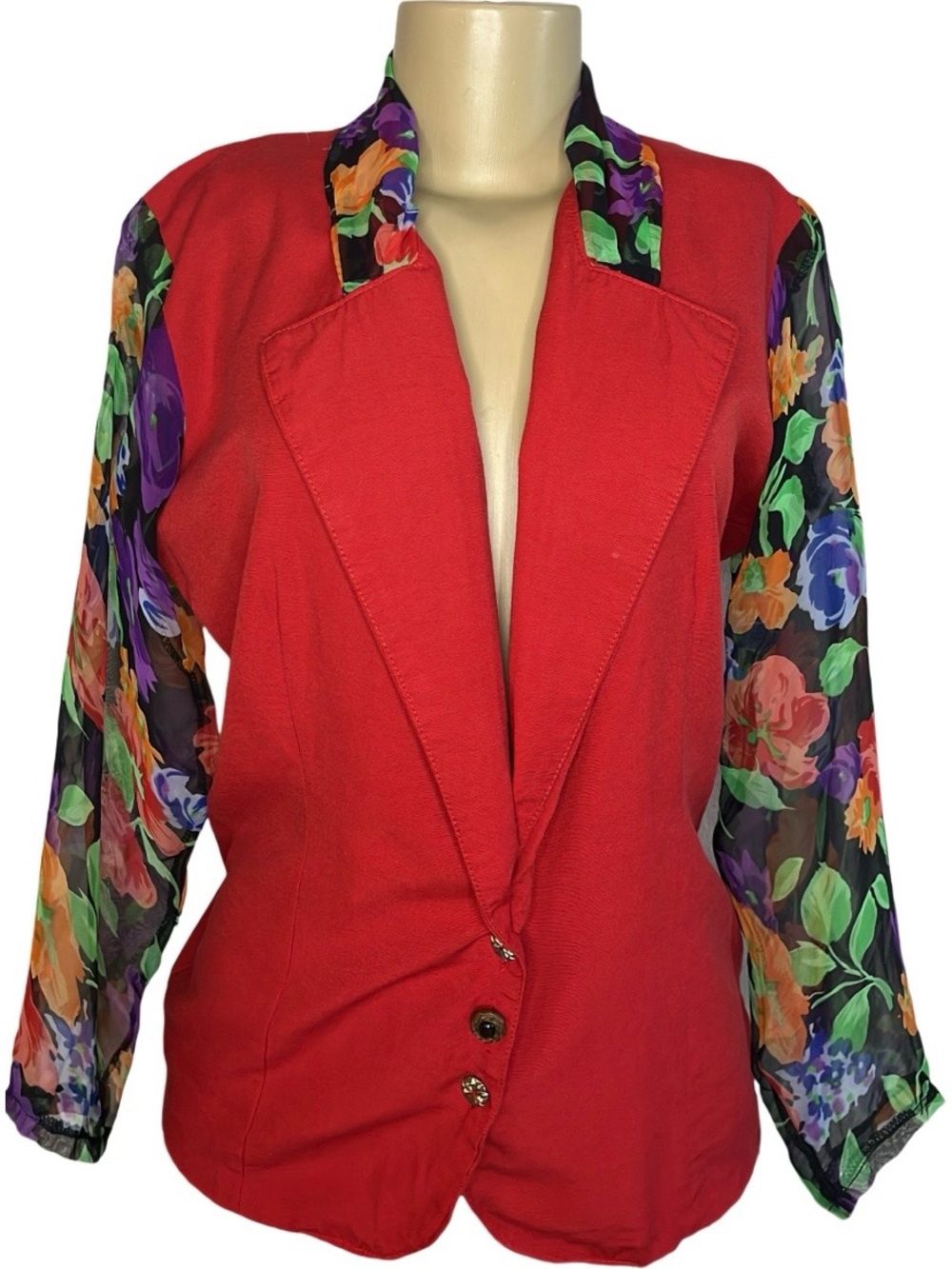 Vintage 80s Red Blazer W/ Semi Sheer Floral Sleeves